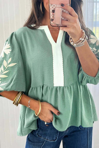 Color Block Patchwork V Neck Puff Sleeve Blouse