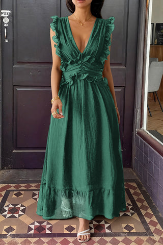 Ruffle-Trim V-Neck Maxi Dress