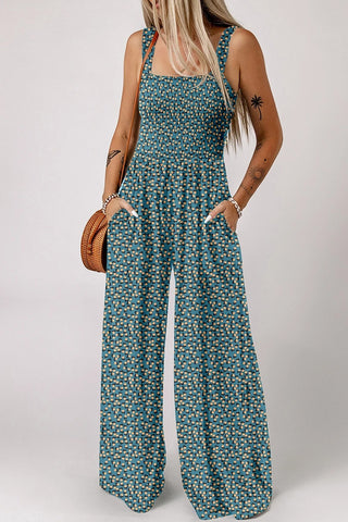 Smocked Floral Square Neck Jumpsuit