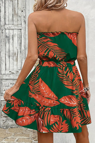 Tropical Leaf Print Strapless Dress