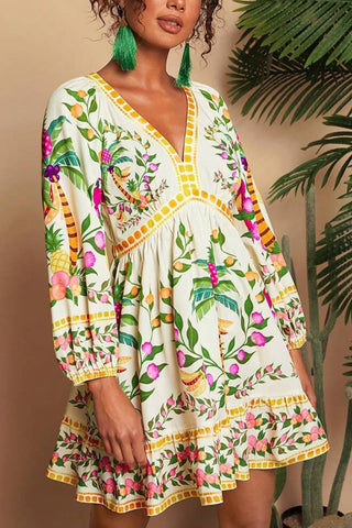 Tropical Print V-Neck Casual Dress