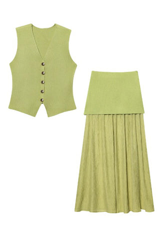 Button Vest and Pleated Skirt Set
