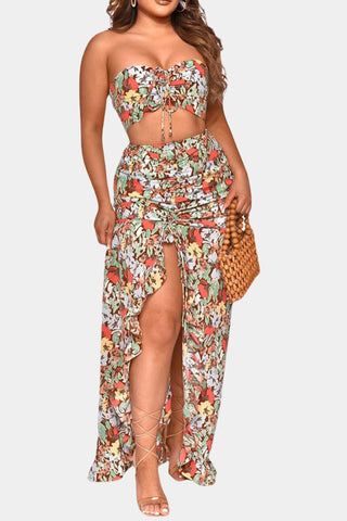Floral Crop Top and Ruched Skirt Set