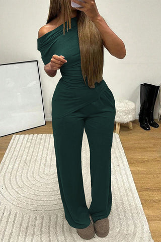 Off-Shoulder Pants Set with Ruched Detail