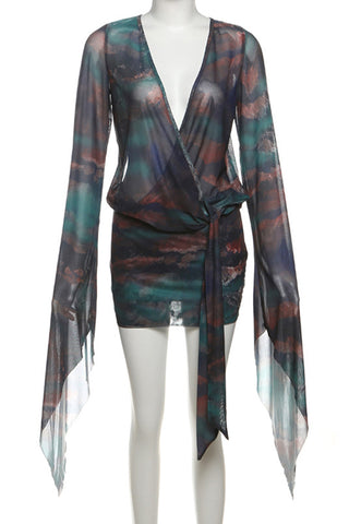 Tie-Front Sheer Sleeve Mini Dress