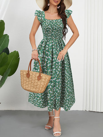 Floral Print Ruffle Sleeve Midi Dress