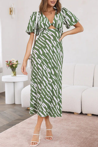 Puff Sleeve Printed Midi Dress