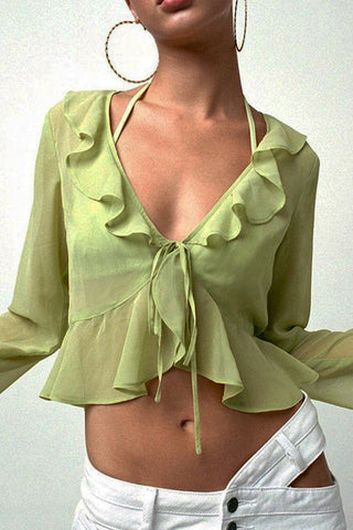 Sheer Ruffle Tie-Front Blouse