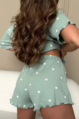 Heart Print Ribbed Knit Shorts Set