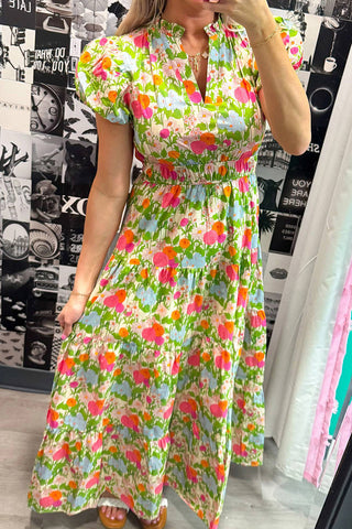 Floral Puff-Sleeve Casual Dress
