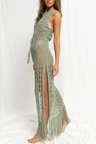 Sleeveless Crochet Dress with Fringe Hem