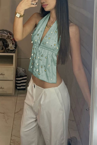 Embellished Halter Neck Tank Top