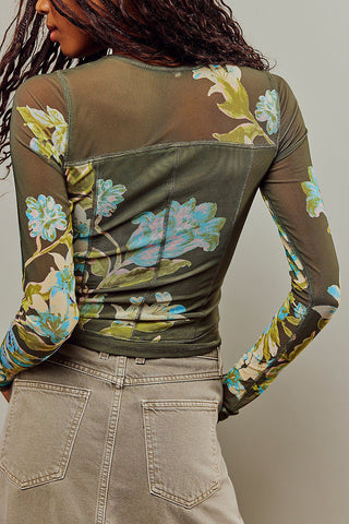 Floral Long-Sleeve Mesh Blouse