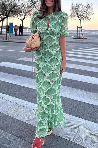 Printed Puff-Sleeve Midi Dress