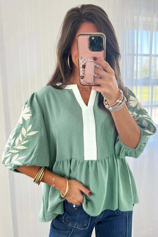 Color Block Patchwork V Neck Puff Sleeve Blouse