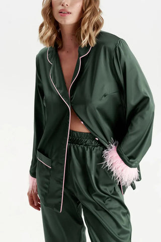 Feather Trim Button-Up Loungewear Set