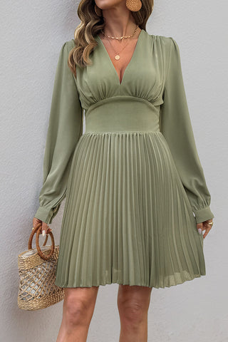 Pleated Plunge Neck Mini Dress