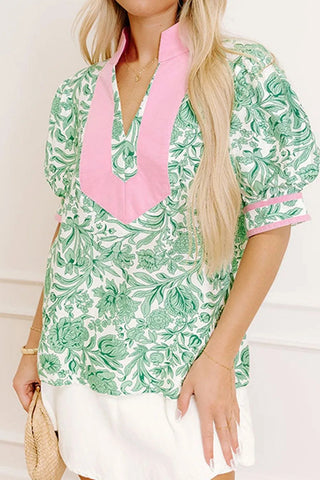 Green Leaves Pattern Color Block V-Neck Puff Sleeve Blouse