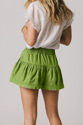 Button-Front Tiered Denim Shorts
