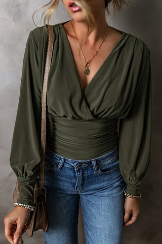 Ruched V-Neck Blouse with Long Sleeves