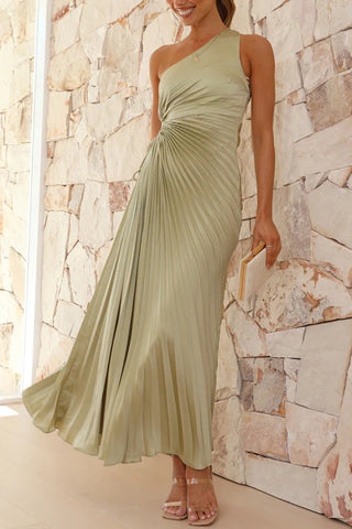 One-Shoulder Cutout Pleated Midi Dress