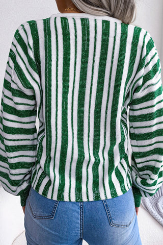 Striped Lace-Up V-Neck Sweater
