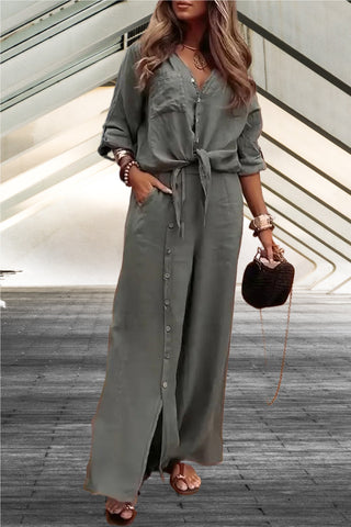 Casual Tie-Front Top and Wide-Leg Pants Set