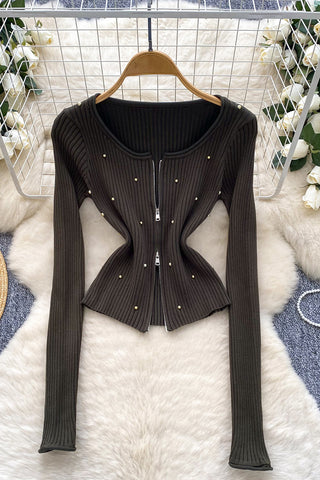 Zip-Front Long Sleeve Top with Studs