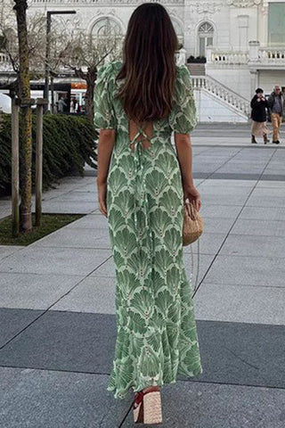 Printed Puff-Sleeve Midi Dress