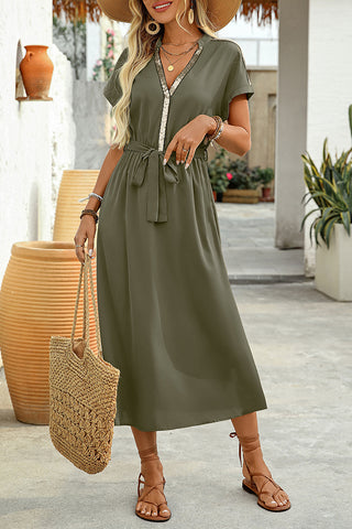 V-Neck Belted Casual Dress