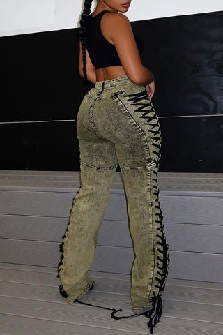 Lace-Up Detail Straight Jeans