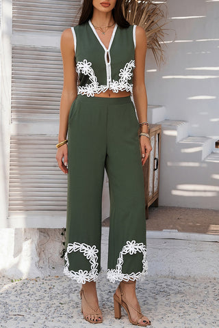 Floral Trim Wide-Leg Pants Set