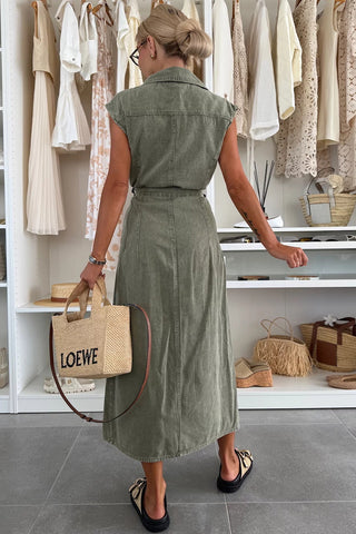 Belted Button-Front Denim Dress