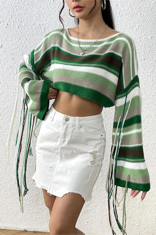 Striped Crop Sweater with Sleeve Details