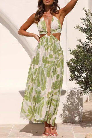 Leaf Print Halter Maxi Dress