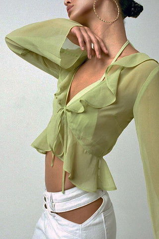 Sheer Ruffle Tie-Front Blouse