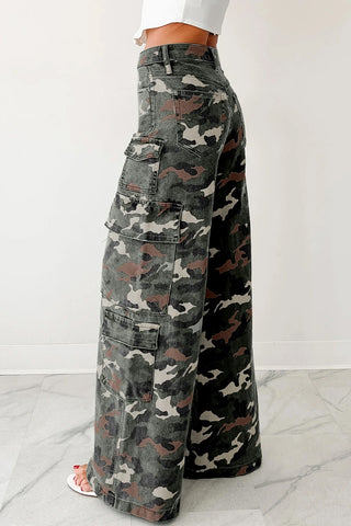Camo Denim Cargo Wide Leg Pants
