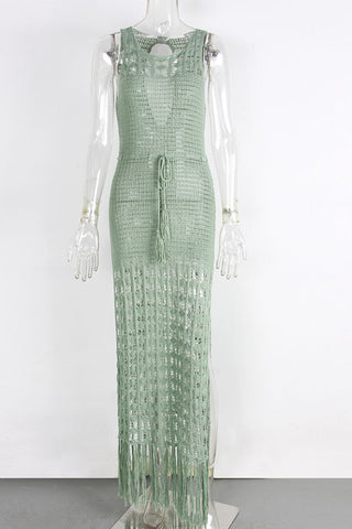 Sleeveless Crochet Dress with Fringe Hem