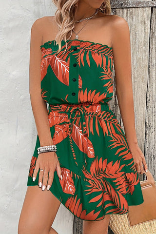 Tropical Leaf Print Strapless Dress