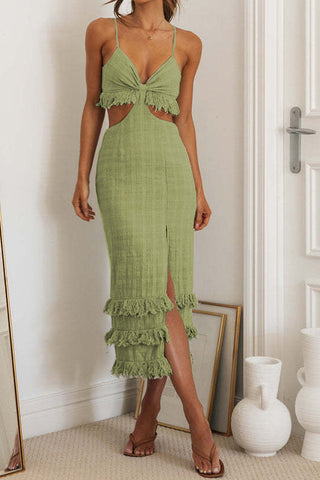 Fringe-Accent Cutout Midi Dress