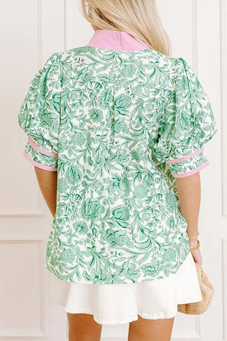 Green Leaves Pattern Color Block V-Neck Puff Sleeve Blouse