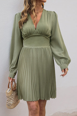 Pleated V-Neck Casual Dress