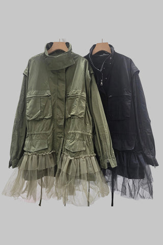 Military-Inspired Tulle Trim Jacket