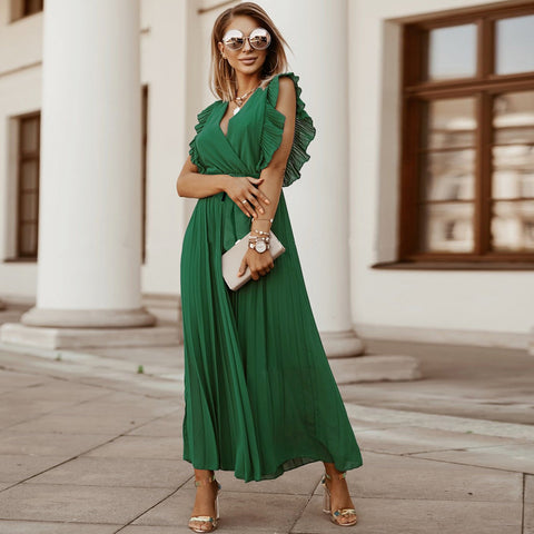 Wrap-Pleated Casual Maxi Dress