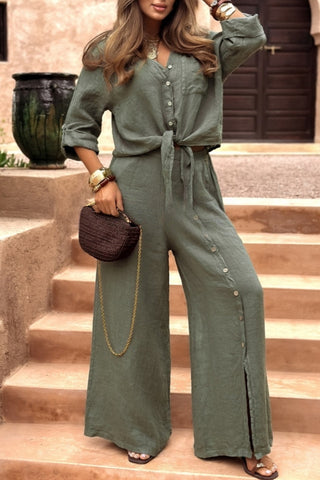 Tie-Front Buttoned Pants Set