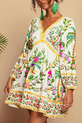 Tropical Print V-Neck Casual Dress