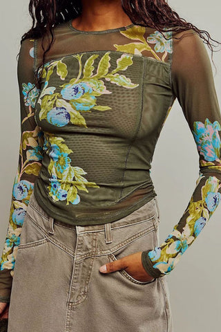 Floral Long-Sleeve Mesh Blouse