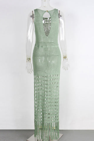 Sleeveless Crochet Dress with Fringe Hem