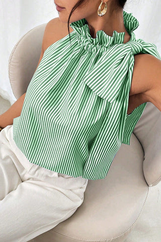 Sky Blue Tied Knot Frilled Collar Sleeveless Top