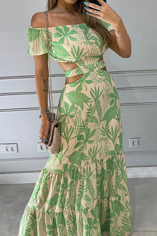 Off-Shoulder Tropical Print Dress